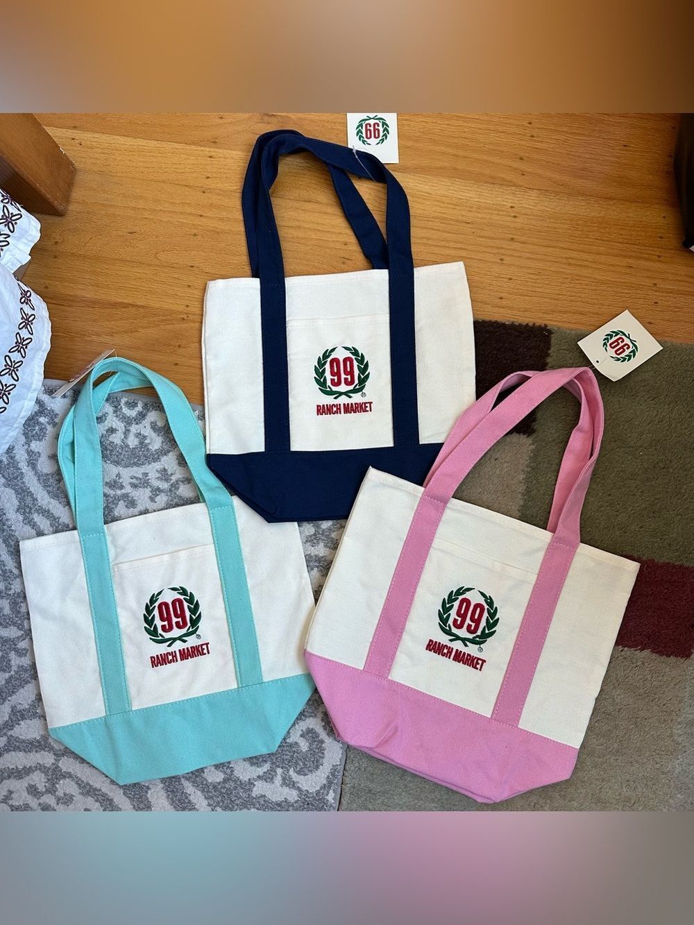 NWT Bundle of 3 - 99 Ranch Market Mini Tote Bags - Pink, Green, and Navy Blue